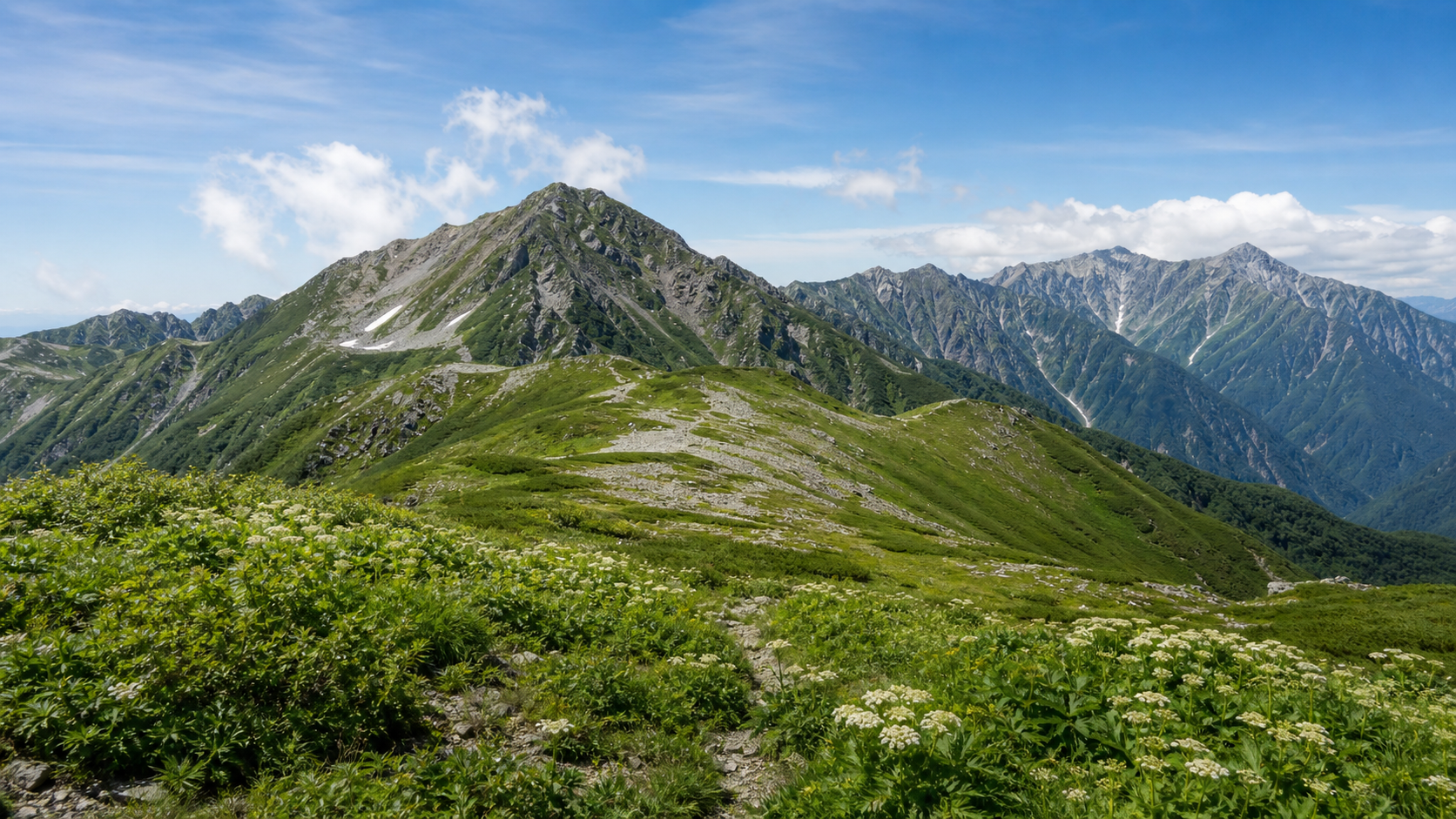 高山植物の咲く稜線と北岳をイメージした生成画像