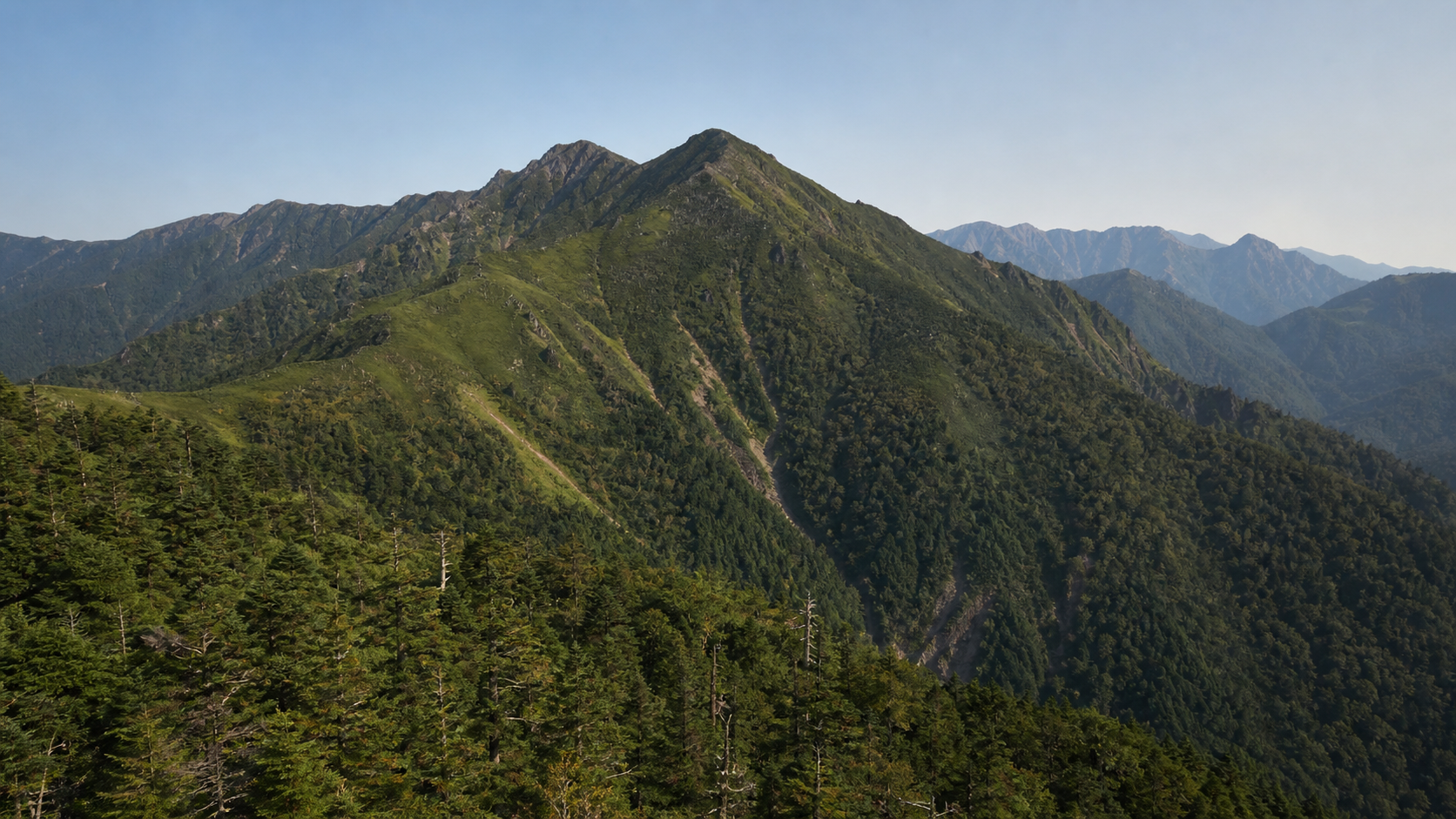 深い森林と南部の稜線を望む光岳のイメージ