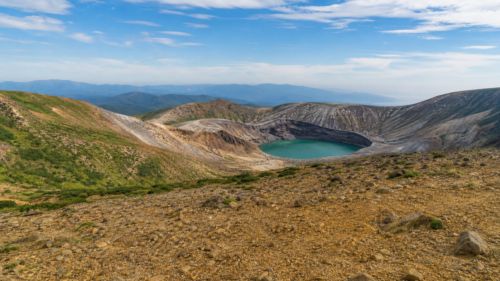 火山湖と広い火山性高原を望む蔵王山のイメージ